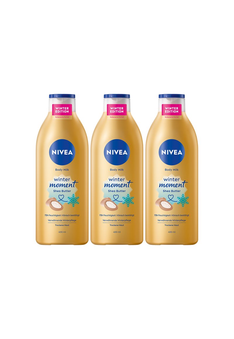 Three 400ml bottles of NIVEA Body Milk, golden with blue accents, labeled "Winter Edition" and featuring shea butter graphics.