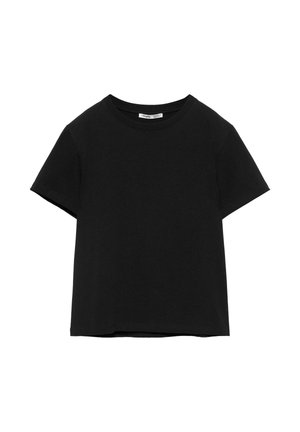 Zwart katoenen T-shirt met korte mouwen, ronde hals, effen ontwerp en standaard pasvorm.