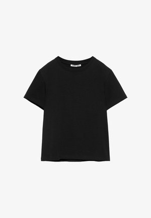 Zwart katoenen T-shirt met korte mouwen, ronde hals, effen ontwerp en standaard pasvorm.