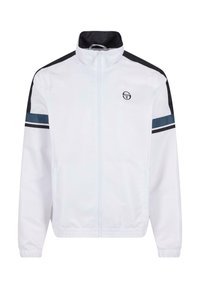 Vit zip-jacka med svarta och teal-akcenter, med hög krage och elastiska ärmslut. Logotyp på vänster bröst. Slät textur.
