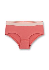 Coral cotton brief with a smooth texture, featuring a soft beige waistband and subtle stripe detail. Classic mid-rise design.