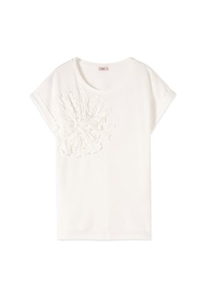 T-shirt bianca a maniche corte con scollo rotondo e applicazione floreale testurizzata sul lato sinistro del petto.