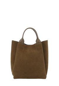 Bruine suède shoppers met ronde handvatten, open bovenkant en gestructureerde vorm. Zachte textuur met minimale stikdetails.