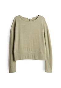 Sweatshirt long à manches longues, texturé, vert clair, avec un col ras du cou et une coupe courte. Présente un motif gaufré subtil et un ourlet élastique.