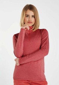Rode lange mouwen top met een halve rits en hoge kraag, met een soepele, lichte textuur en een subtiele heathered print.
