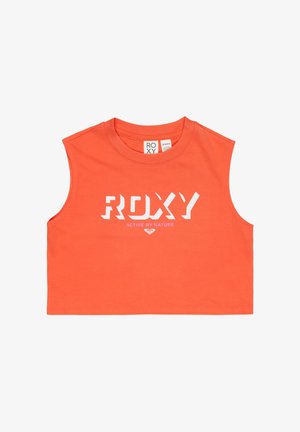 Top corto sin mangas naranja con "ROXY" en letras blancas de bloque y la frase "ACTIVE BY NATURE" debajo, en el centro delantero.
