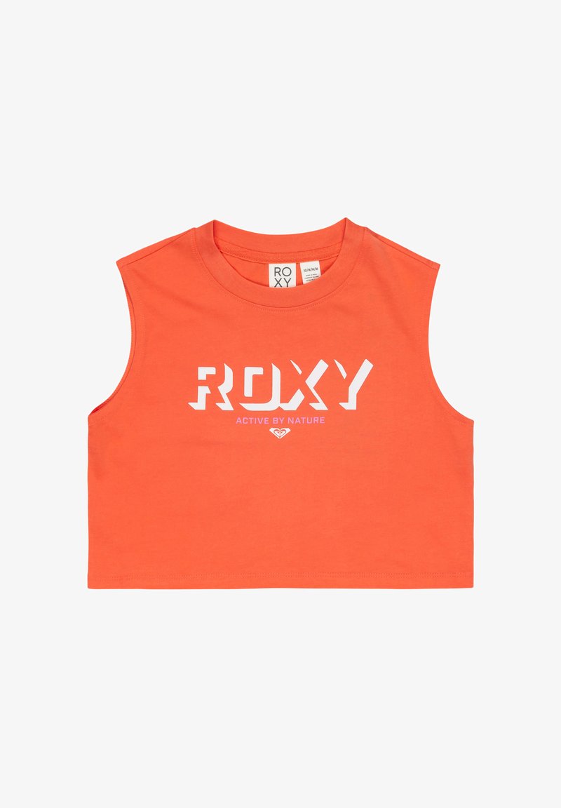 Top corto sin mangas naranja con "ROXY" en letras blancas de bloque y la frase "ACTIVE BY NATURE" debajo, en el centro delantero.