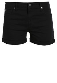 Shorts en denim noir avec ourlets roulés, design à cinq poches et fermeture par bouton métallique. Le tissu a une apparence lisse et légèrement texturée.