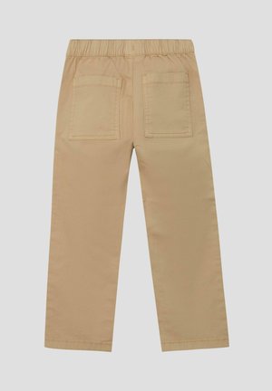 Pantalon beige à taille élastique avec deux poches carrées à l'arrière, jambes droites et détails de couture simples.