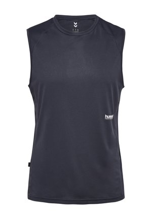 Marinefarbener ärmelloser Sporttop aus feuchtigkeitsableitendem Material, mit Rundhalsausschnitt und kleinem weißen Logo auf der linken Seite.