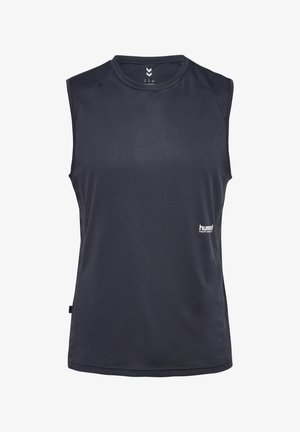 Marinefarbener ärmelloser Sporttop aus feuchtigkeitsableitendem Material, mit Rundhalsausschnitt und kleinem weißen Logo auf der linken Seite.