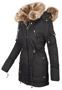 Parka negra con capucha de pelo sintético, herrajes dorados, bolsillos con cremallera, cintura elástica y puños con cordón ajustable. Textura suave, diseño hasta la rodilla.