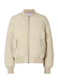 Giacca bomber beige chiaro con colletto alto, zip frontale e polsini elasticizzati. Presenta tasche laterali e un design imbottito.