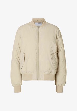 Veste bomber beige clair avec col montant, fermeture éclair sur le devant et poignets élastiques. Comprend des poches latérales et un design rembourré.