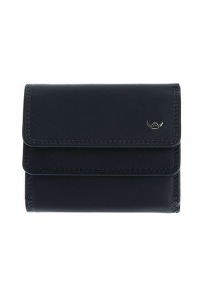 Portefeuille en cuir noir avec fermeture à rabat, coutures visibles et petit logo argenté dans le coin supérieur droit, présenté sur fond blanc.