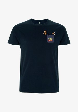 Dunkelblaues Baumwoll-T-Shirt mit einem Cartoon-Design eines Charakters in einer Tasche und dem Text "Toy Story", rundem Ausschnitt und normaler Passform.