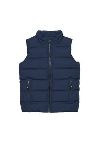 Mørkeblå ermeløs puffer vest med høy krage, frontglidelås og to glidelåslommer på siden; quiltet tekstur med en glatt finish.