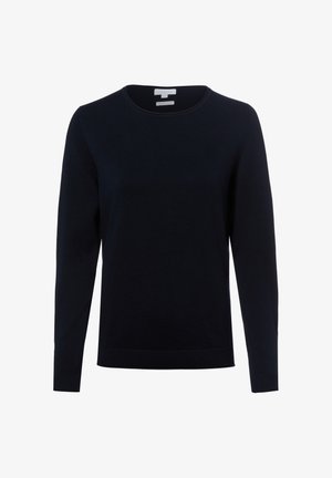 Schwarzer Langarm-Pullover mit Rundhalsausschnitt, gerippten Bündchen und Saum, dargestellt auf weißem Hintergrund.
