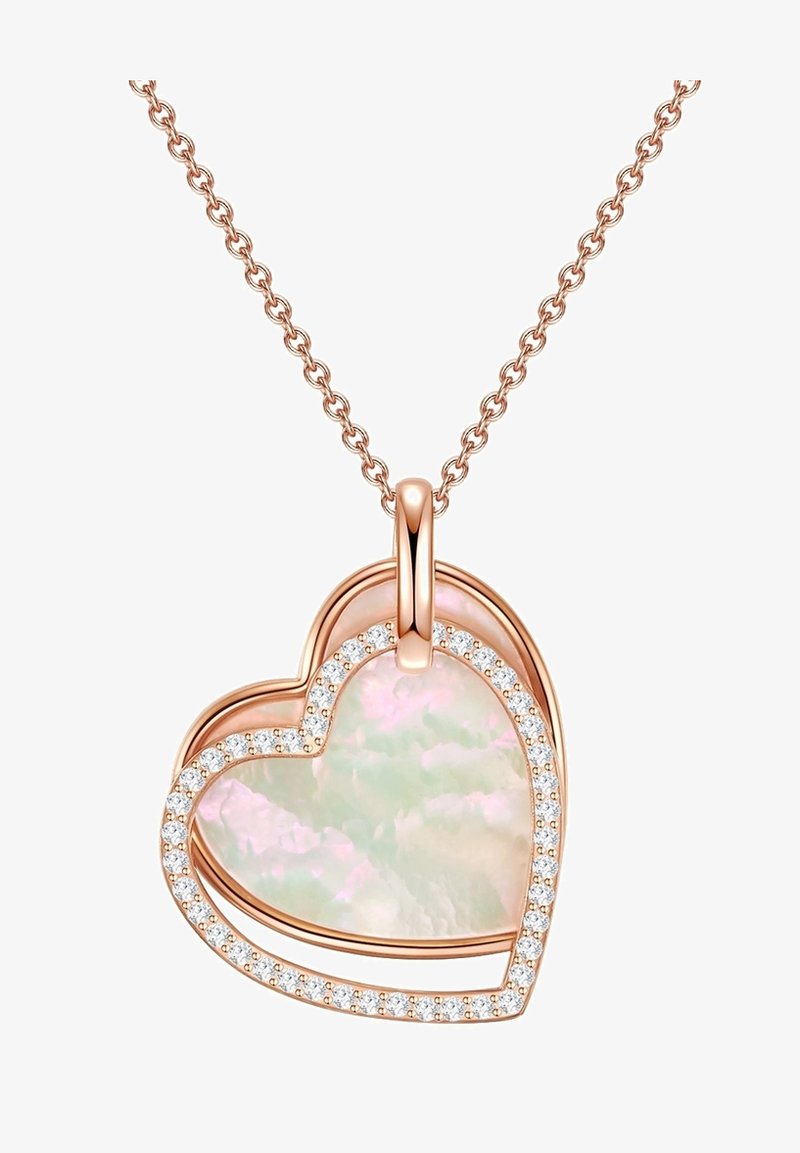 Rose guldhjertevedhæng med et iriserende opalcenter, omgivet af en kant af funkende klare sten. Kæde inkluderet.