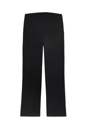 Schwarze weit geschnittene Hose aus glattem, elastischem Stoff, mit einem hohen elastischen Bund und geradem Schnitt ohne Taschen.