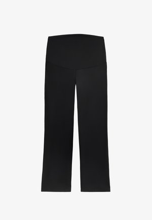 Schwarze weit geschnittene Hose aus glattem, elastischem Stoff, mit einem hohen elastischen Bund und geradem Schnitt ohne Taschen.