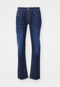 Mörkblå utsvängda jeans i denim med en slät textur, med kontrasterande sömmar, knappstängning fram och fem fickor.