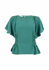 Blusa teal realizzata in tessuto leggero, con maniche corte a volant, dettagli arricciati in vita e chiusura con zip sul retro.