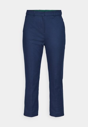 Pantaloni blu navy a gamba dritta con passanti per cintura e chiusura frontale nascosta, presentati su uno sfondo bianco.