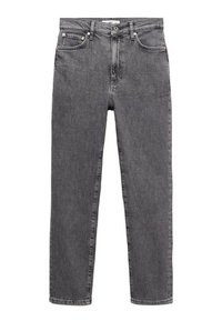 Jean denim gris à jambes droites avec bouton à l'avant, fermeture éclair, passants de ceinture et design cinq poches, posé à plat sur fond blanc.