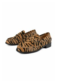 Brown and black striped loafers with a textured fabric upper, featuring a low block heel and decorative stitching along the edges.