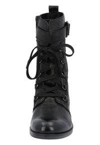 Bottines noires en cuir avec un laçage à l'avant, œillets en métal et fermeture éclair sur le côté. Elles présentent une surface texturée et une semelle plate.