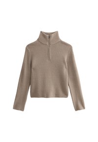 Beige geribbelde coltrui met een halve rits, lange mouwen en een cropped ontwerp. Gemaakt van een gestructureerde gebreide stof.