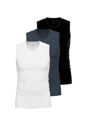 Three sleeveless crew neck tank tops in white, dark gray, and black, arranged front to back against a white background.