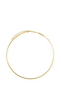 Gold choker necklace featuring a sleek, smooth design with a clasp and adjustable chain for size variation. Lightweight and minimalistic.