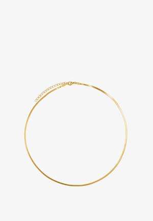 Złoty naszyjnik choker o gładkim, eleganckim wzornictwie z zapięciem i regulowanym łańcuszkiem, umożliwiającym dostosowanie rozmiaru. Lekki i minimalistyczny.