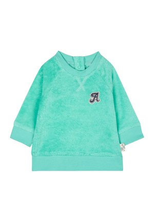 Helles Teal, weicher Pullover mit langen Ärmeln, gerippten Bündchen und Kragen. Merkmale ein dekoratives "A"-Emblem auf der Brust. Strukturiertes Stofffinish.