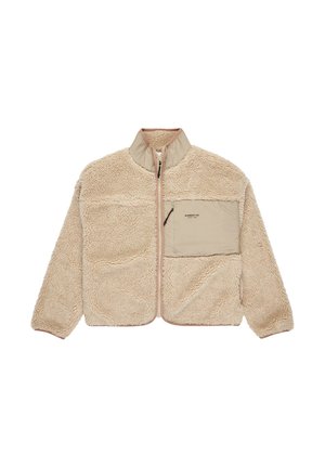 Beige Fleecejacke mit hohem Kragen, durchgehendem Reißverschluss und einer Vordertasche. Verfügt über eine weiche Textur und kontrastierenden hellrosa Besatz.
