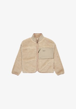 Beige fliisjakker kõrge kaelusega, täis tõmbluku ja esikotiga. Omab pehmet tekstuuri ja kontrastset helesinist äärestust.