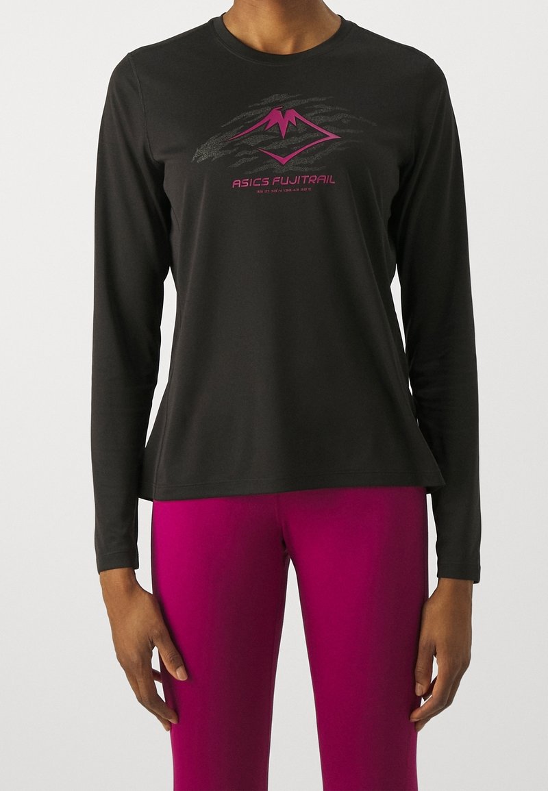 Black long-sleeve athletic shirt featuring a pink logo and mountain graphic, made of lightweight material; worn with pink leggings.