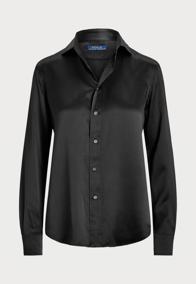 Black long-sleeve shirt in smooth fabric, featuring a button-down front, pointed collar, and tailored fit with a rounded hem.
