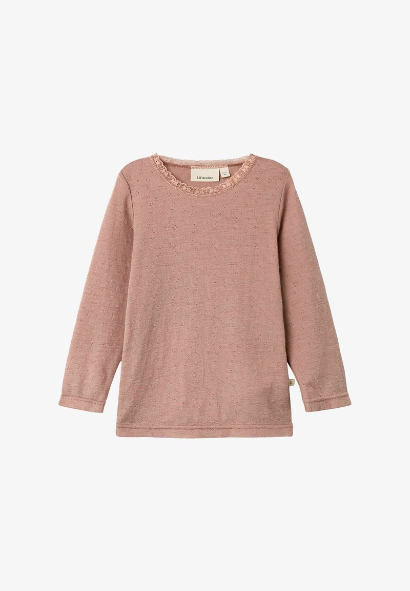 Maglia a maniche lunghe di colore rosa realizzata in tessuto testurizzato, con un colletto rotondo bordato in pizzo e motivi sottili su tutta la superficie.
