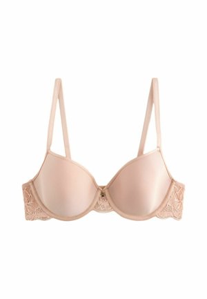 Beige padded underwire bra with adjustable straps and lace detail on the band against a white background.