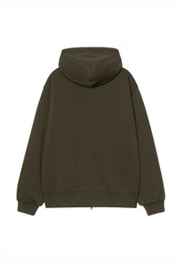 Felpa verde oliva con cappuccio regolabile, maniche lunghe e polsini a coste. Presenta un taglio dritto e un piccolo dettaglio con zip all'orlo.