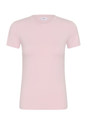 Hellrosa kurzärmeliges T-Shirt mit Rundhalsausschnitt, schmaler Passform und einem kleinen weißen Etikett im Inneren des Kragens.