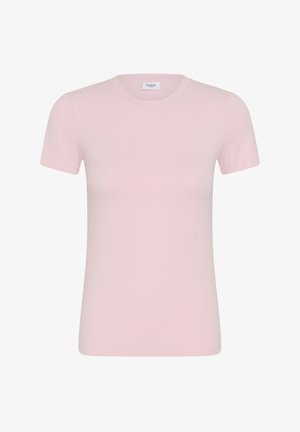 T-shirt rose clair à manches courtes avec col rond, coupe slim et petite étiquette blanche à l'intérieur du col.