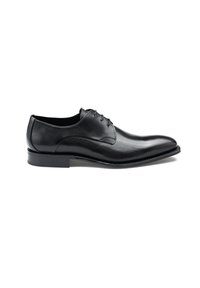Chaussure habillée en cuir noir avec une finition lisse, un bout arrondi, des lacets à l'avant et un petit talon empilé.