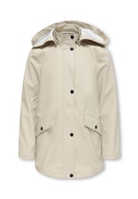 Μπεζ αδιάβροχο μπουφάν με κουκούλα, με μαύρα κουμπώματα με πατήματα και δύο μπροστινές τσέπες. Ομαλή υφή και ίσια γραμμή σχεδίασης.
