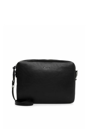 Schwarze rechteckige Leder-Umhängetasche mit schmalem, verstellbarem Riemen und kleiner silberner Logoplakette in der Mitte vorne.