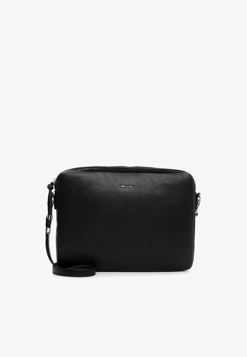 Schwarze rechteckige Leder-Umhängetasche mit schmalem, verstellbarem Riemen und kleiner silberner Logoplakette in der Mitte vorne.