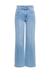 Světle modré široké džíny z denimu s vysokým pasem. Mají viditelné švy a dvě přední kapsy. Hladký povrch s neformálním designem.